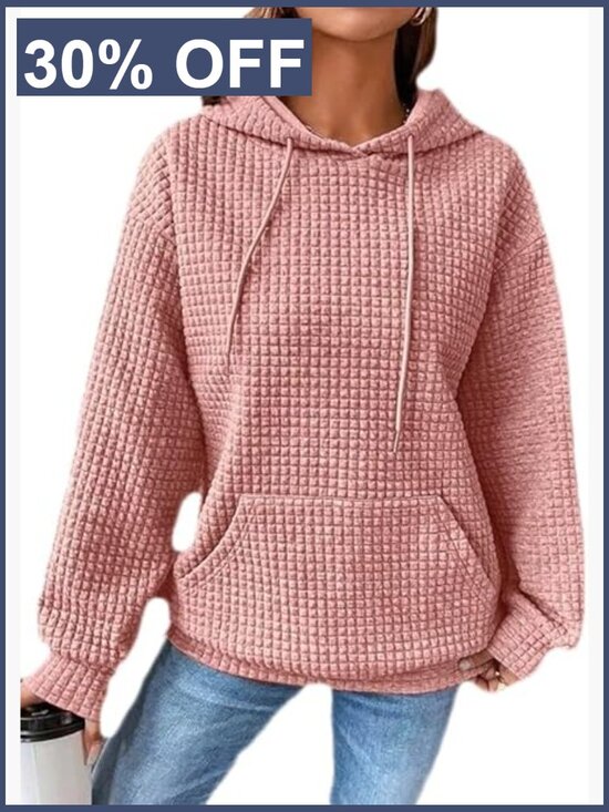 Tops - Women's Pullover Hoodie Drawstring Waffle Sweatshirt Long Sleeve with Pocket